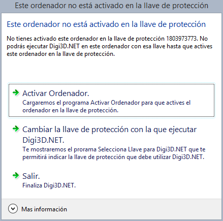 Cuadro de diálogo indicando que el ordenador no está activado en la llave de protección