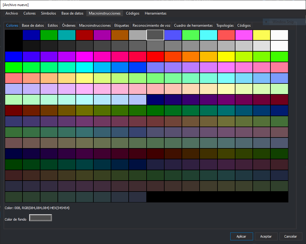 Editor de tablas de códigos mostrando la pestaña de colores